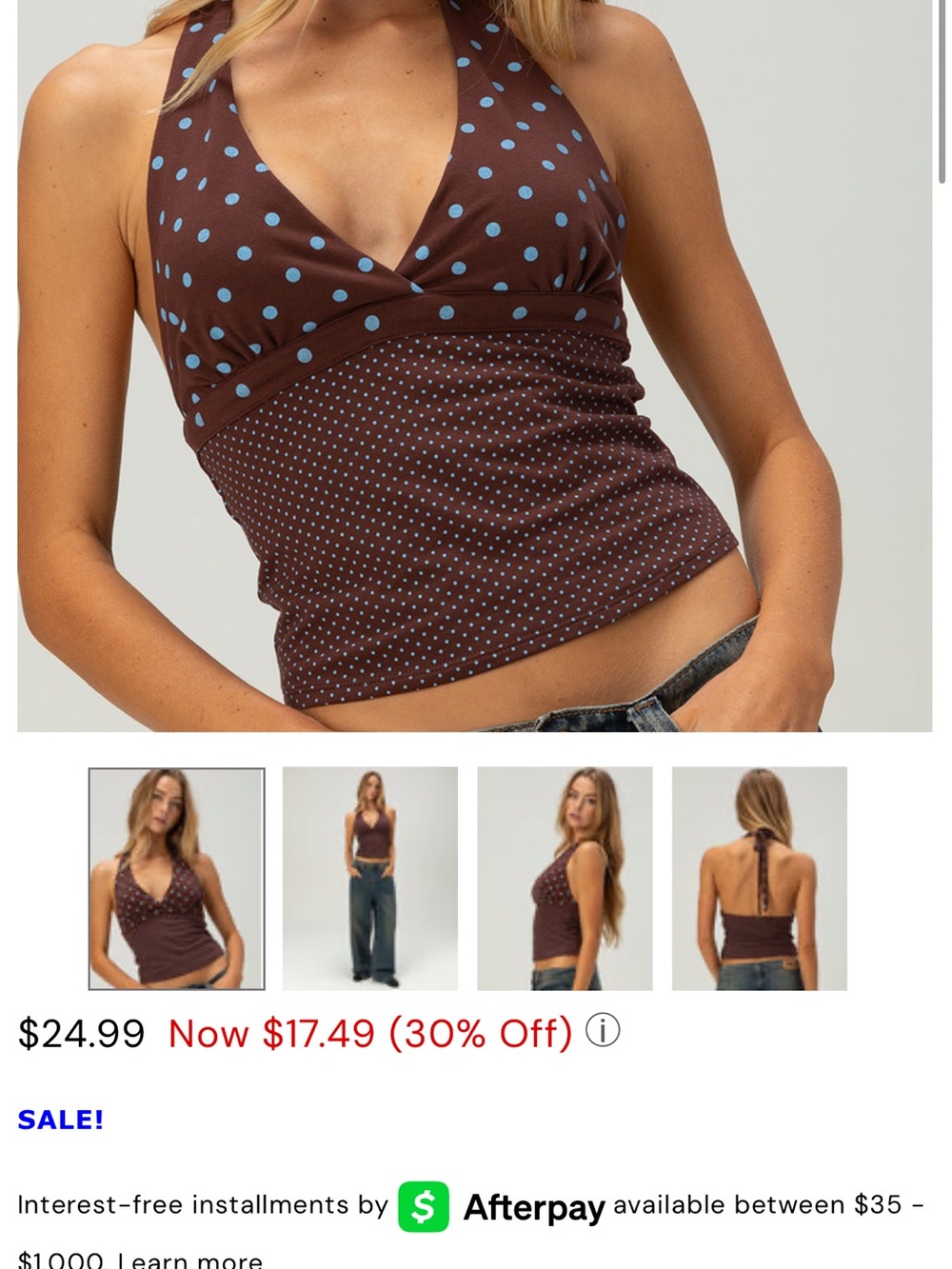 RSQ Brown Halter Camisole with Light Blue Polka Dots